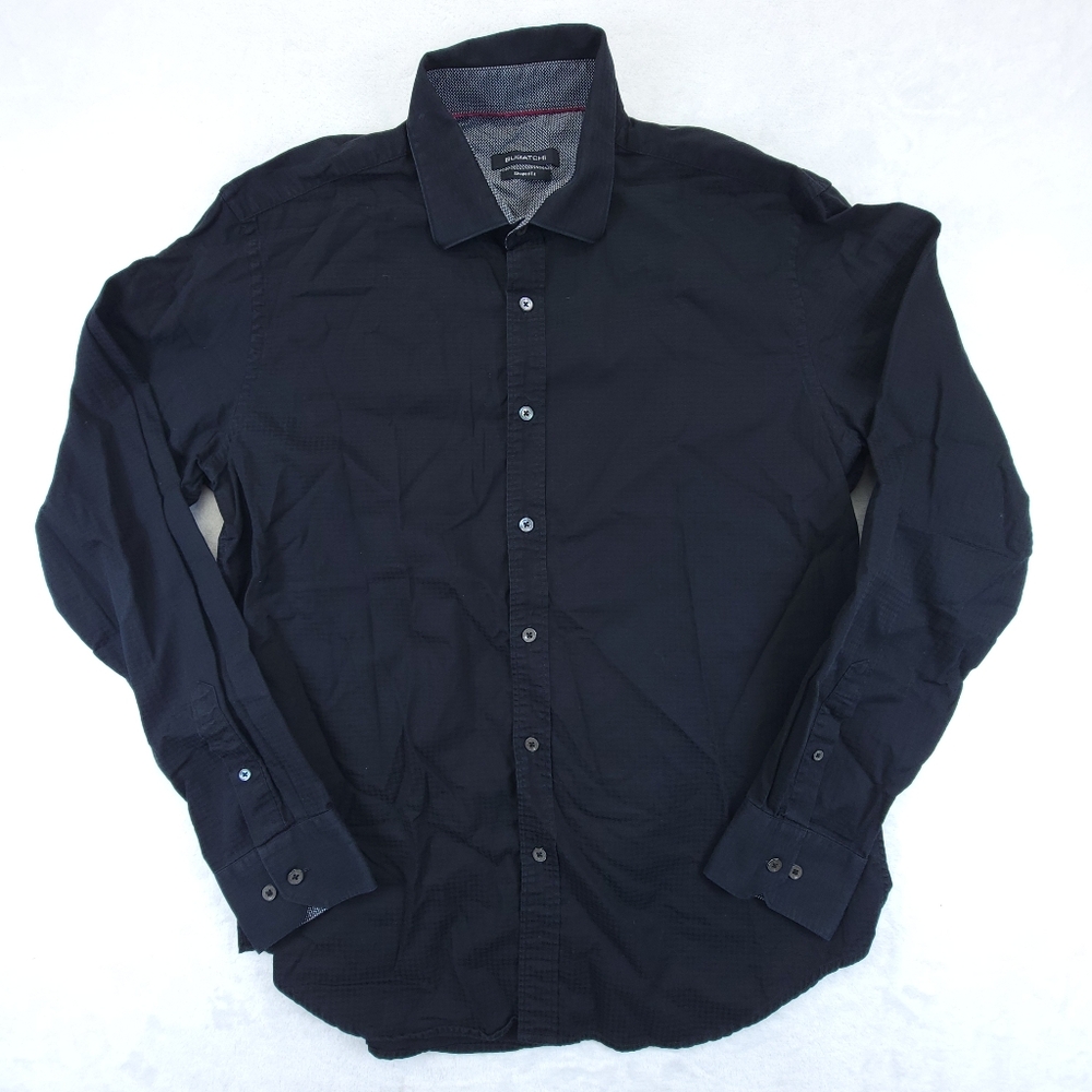 Bugatchi Mens Large Check Pattern Button Up Dress Shirt Black Long Sleeve
